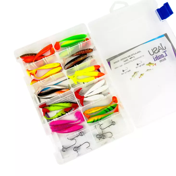 Jasu Louhi 8cm kalajigilajitelma (30 kpl jigejä + 6 kpl jigipäitä + pakki) - Jigit ja kumikalat - 6430075935022 - 1