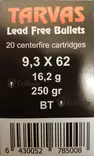 Tarvas Metsästyspatruuna 9,3x62 16,2g - Kiväärin patruunat - 6430052785008 - 2