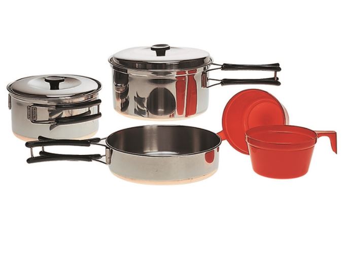 Mil-Tec Keittosetti ruostumatonta terästä, sis. 2 kattilaa, paistinpannua ja 2 kuppia - Retkikeittimet ja -kaasut - 4046872179969 - 1